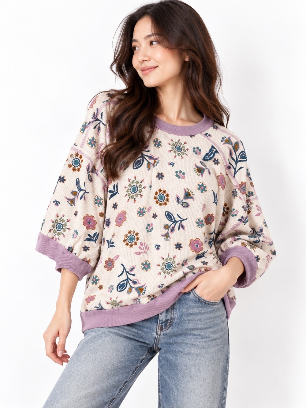 Easel Floral Waffle-Knit Pullover Sweater in Lavender Trim
